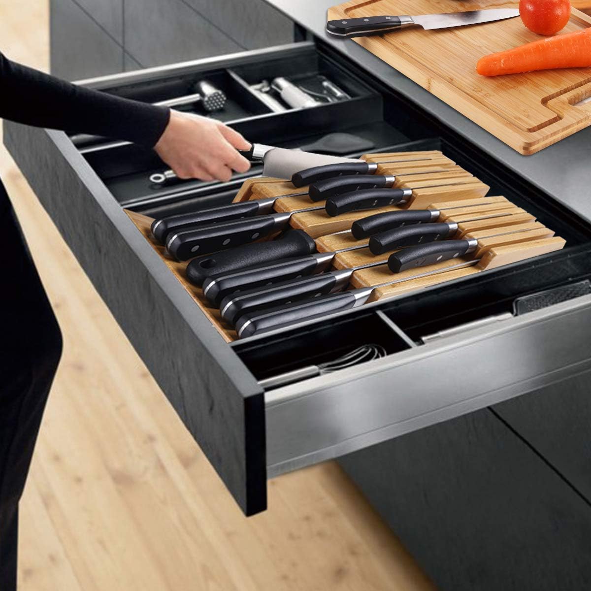 Bamboo In-Drawer Knife Block Set for 16 Knives(Not Included), Large Kitchen Detachable Washable Cutlery Slot Organizer Storage Holder for Sharpening Steel and Cutter