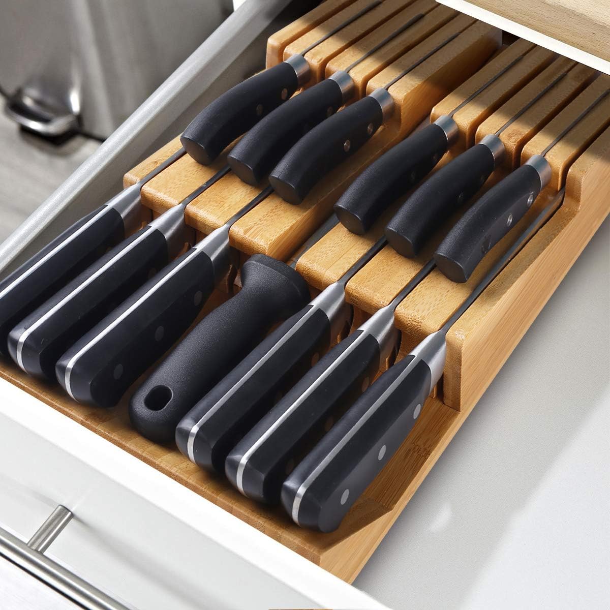 Bamboo In-Drawer Knife Block Set for 16 Knives(Not Included), Large Kitchen Detachable Washable Cutlery Slot Organizer Storage Holder for Sharpening Steel and Cutter