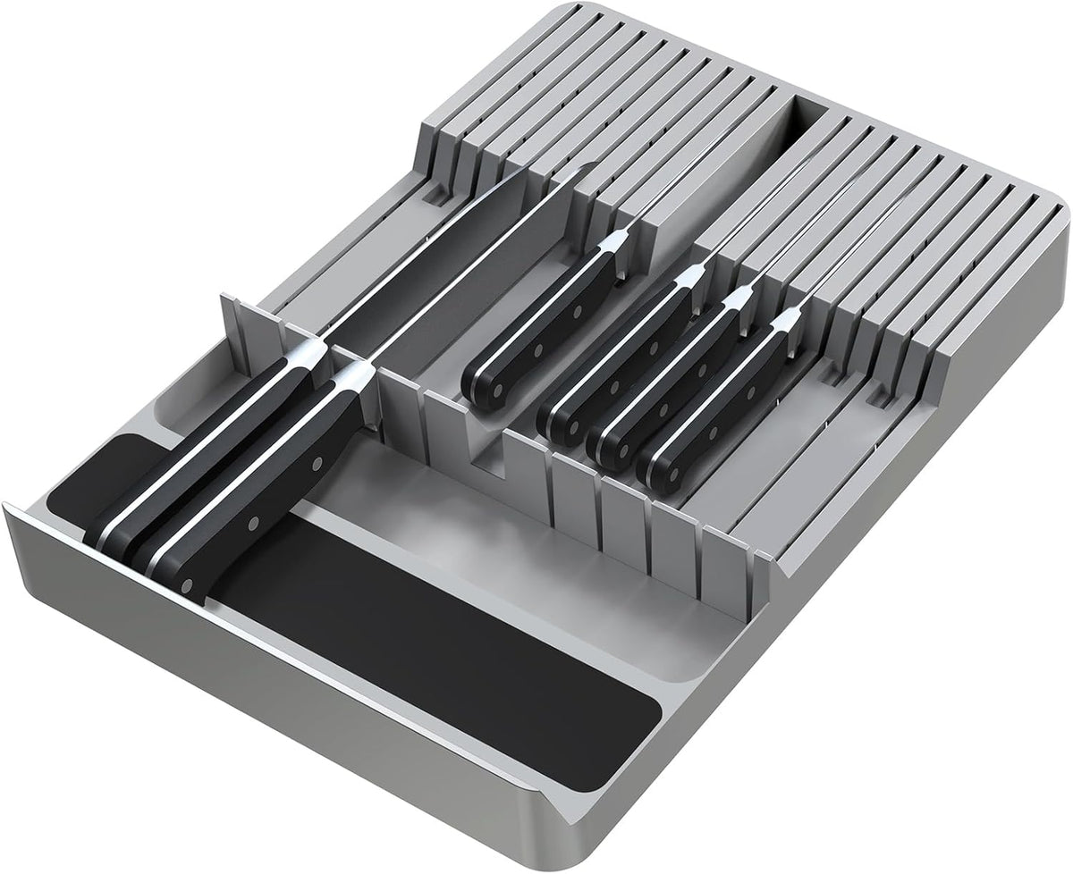 Bamboo In-Drawer Knife Block Set for 16 Knives(Not Included), Large Kitchen Detachable Washable Cutlery Slot Organizer Storage Holder for Sharpening Steel and Cutter