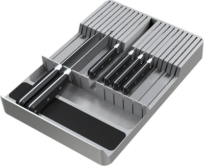 Bamboo In-Drawer Knife Block Set for 16 Knives(Not Included), Large Kitchen Detachable Washable Cutlery Slot Organizer Storage Holder for Sharpening Steel and Cutter