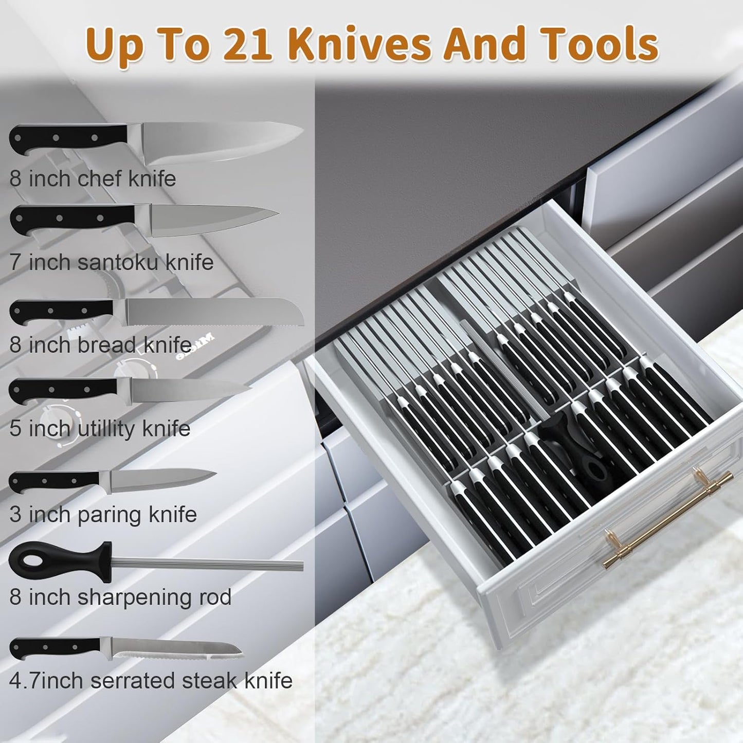 Bamboo In-Drawer Knife Block Set for 16 Knives(Not Included), Large Kitchen Detachable Washable Cutlery Slot Organizer Storage Holder for Sharpening Steel and Cutter
