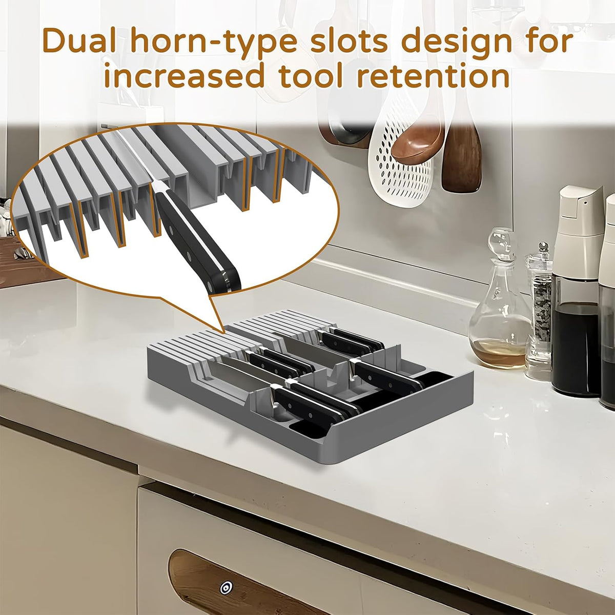 Bamboo In-Drawer Knife Block Set for 16 Knives(Not Included), Large Kitchen Detachable Washable Cutlery Slot Organizer Storage Holder for Sharpening Steel and Cutter
