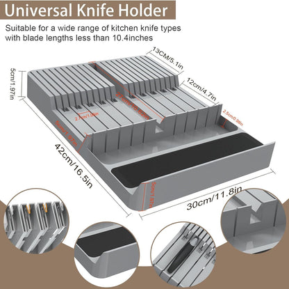 Bamboo In-Drawer Knife Block Set for 16 Knives(Not Included), Large Kitchen Detachable Washable Cutlery Slot Organizer Storage Holder for Sharpening Steel and Cutter