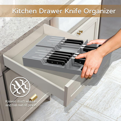 Bamboo In-Drawer Knife Block Set for 16 Knives(Not Included), Large Kitchen Detachable Washable Cutlery Slot Organizer Storage Holder for Sharpening Steel and Cutter