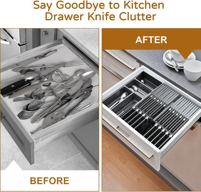 Bamboo In-Drawer Knife Block Set for 16 Knives(Not Included), Large Kitchen Detachable Washable Cutlery Slot Organizer Storage Holder for Sharpening Steel and Cutter