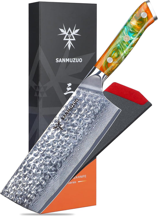 7“ Nakiri Knife - Hammered Damascus Steel & Resin Handle - YAO Series