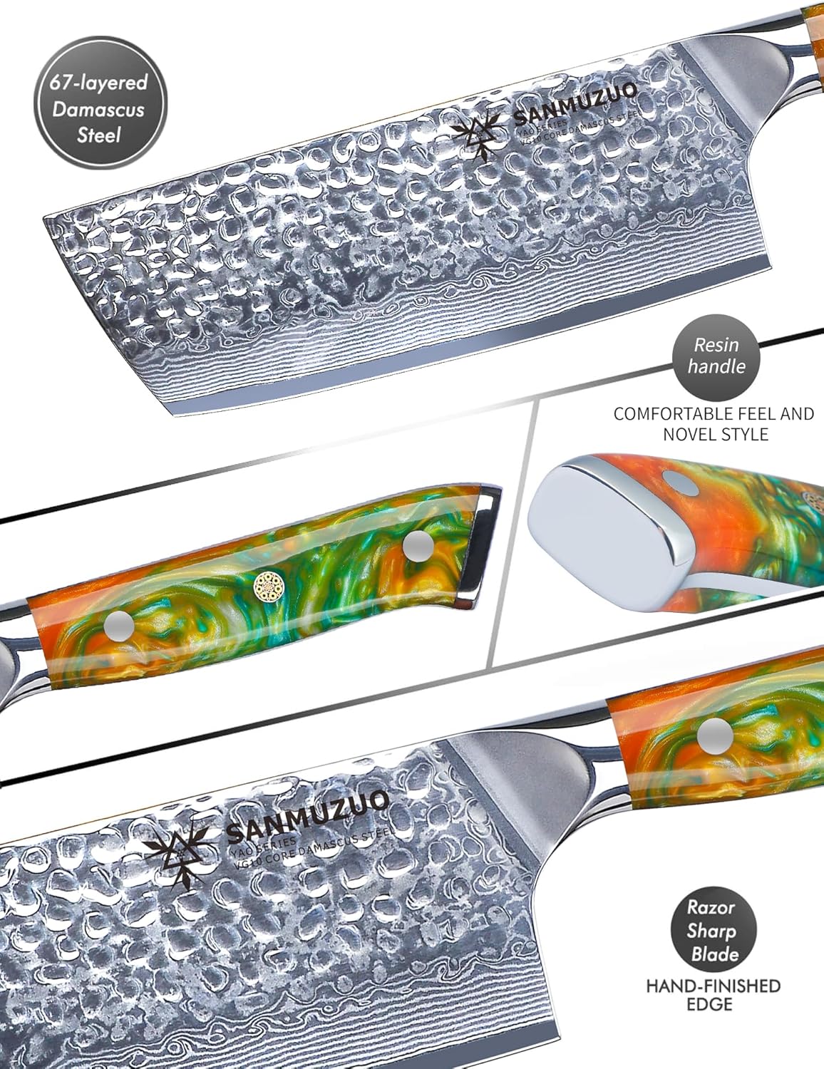 7“ Nakiri Knife - Hammered Damascus Steel & Resin Handle - YAO Series