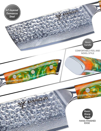 7“ Nakiri Knife - Hammered Damascus Steel & Resin Handle - YAO Series