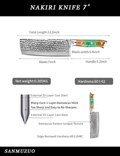 7“ Nakiri Knife - Hammered Damascus Steel & Resin Handle - YAO Series