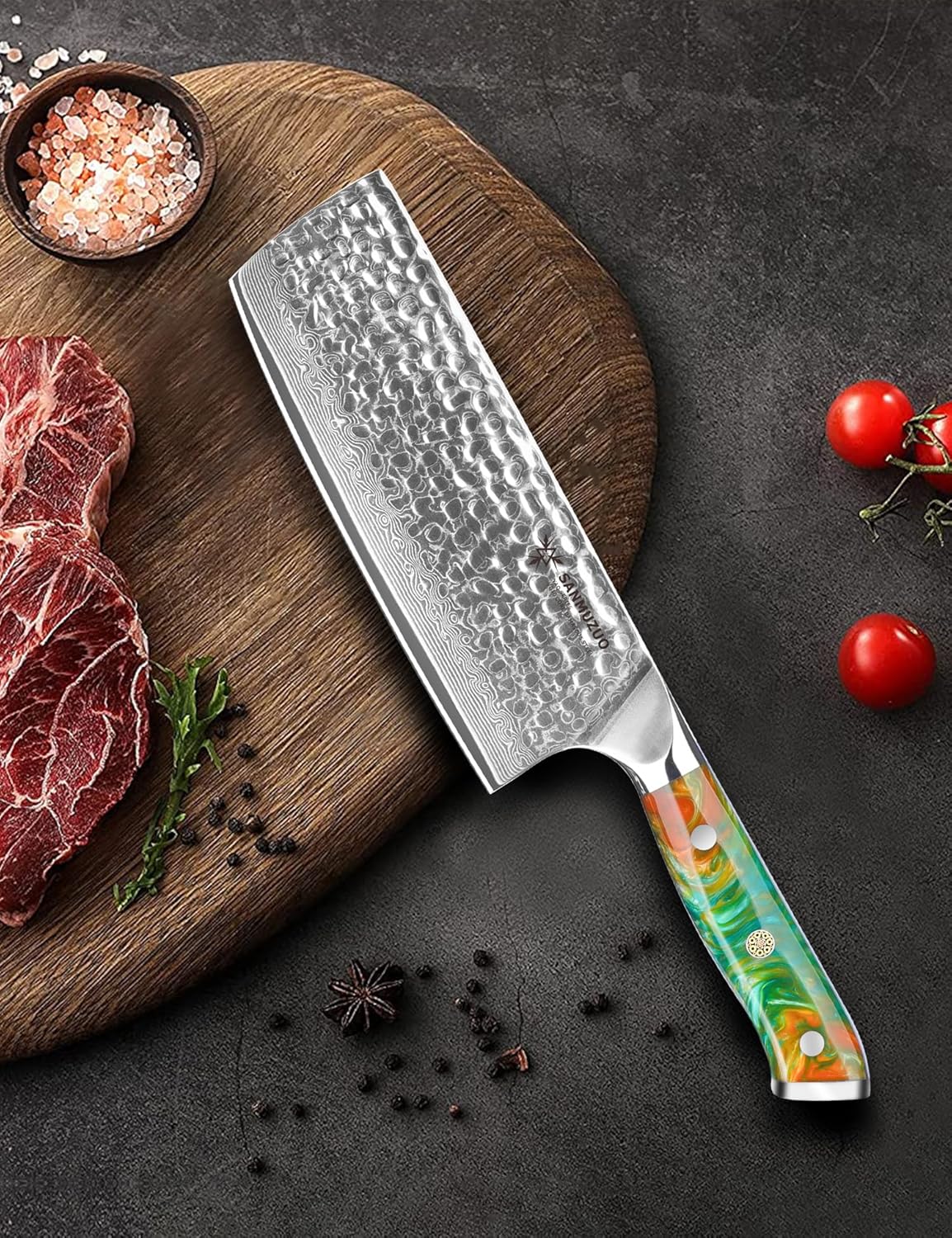 7“ Nakiri Knife - Hammered Damascus Steel & Resin Handle - YAO Series