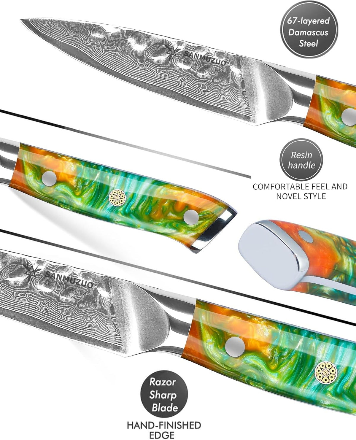 7“ Nakiri Knife - Hammered Damascus Steel & Resin Handle - YAO Series