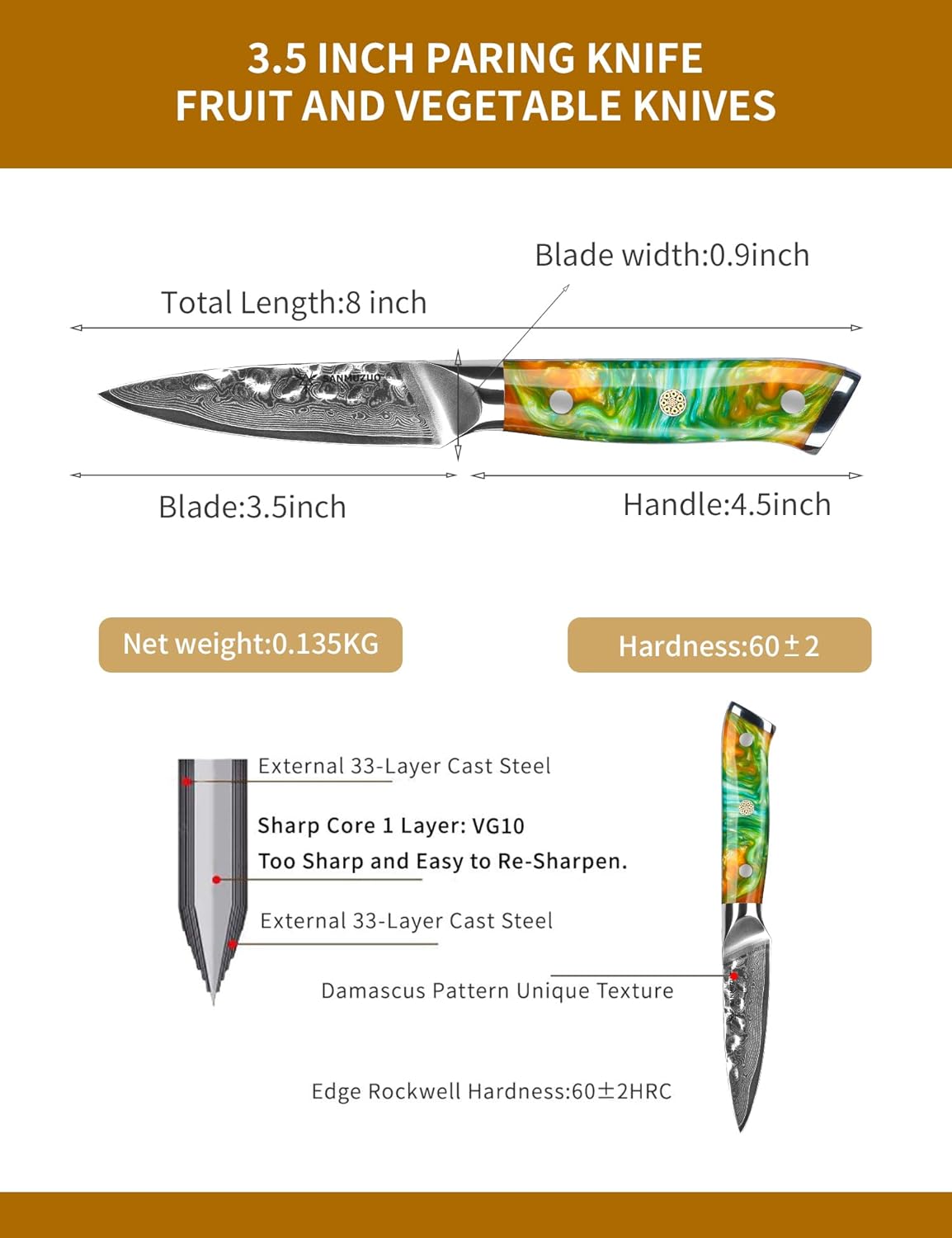 7“ Nakiri Knife - Hammered Damascus Steel & Resin Handle - YAO Series