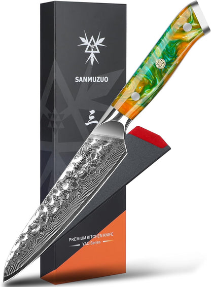7“ Nakiri Knife - Hammered Damascus Steel & Resin Handle - YAO Series