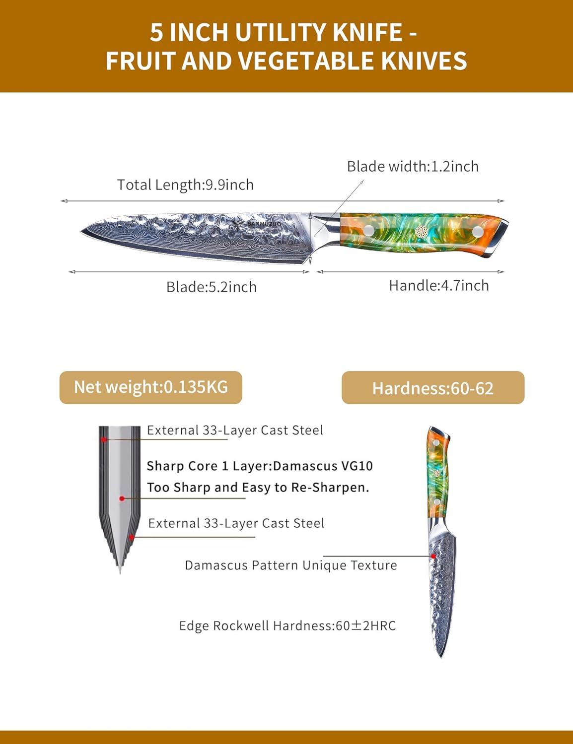 7“ Nakiri Knife - Hammered Damascus Steel & Resin Handle - YAO Series