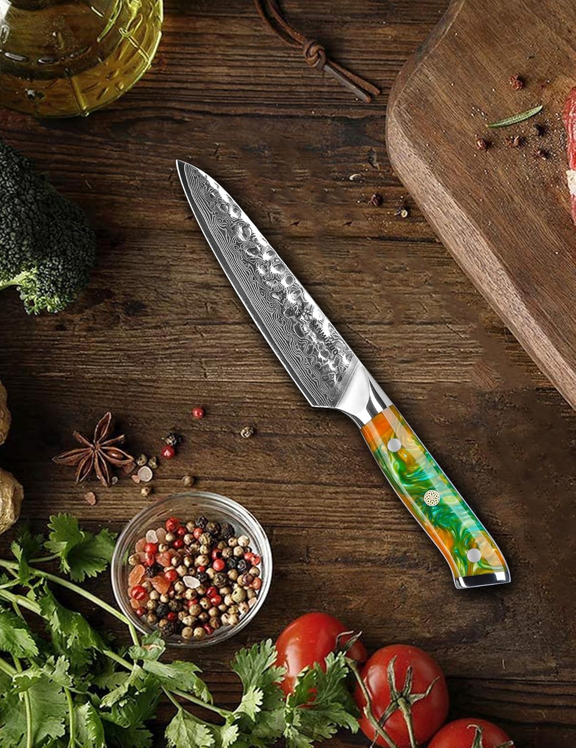 7“ Nakiri Knife - Hammered Damascus Steel & Resin Handle - YAO Series