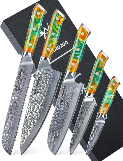 7“ Nakiri Knife - Hammered Damascus Steel & Resin Handle - YAO Series