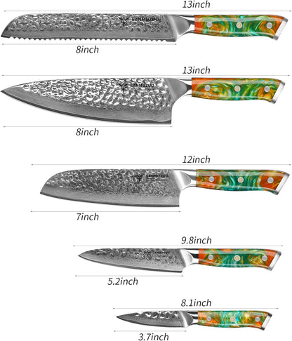 7“ Nakiri Knife - Hammered Damascus Steel & Resin Handle - YAO Series