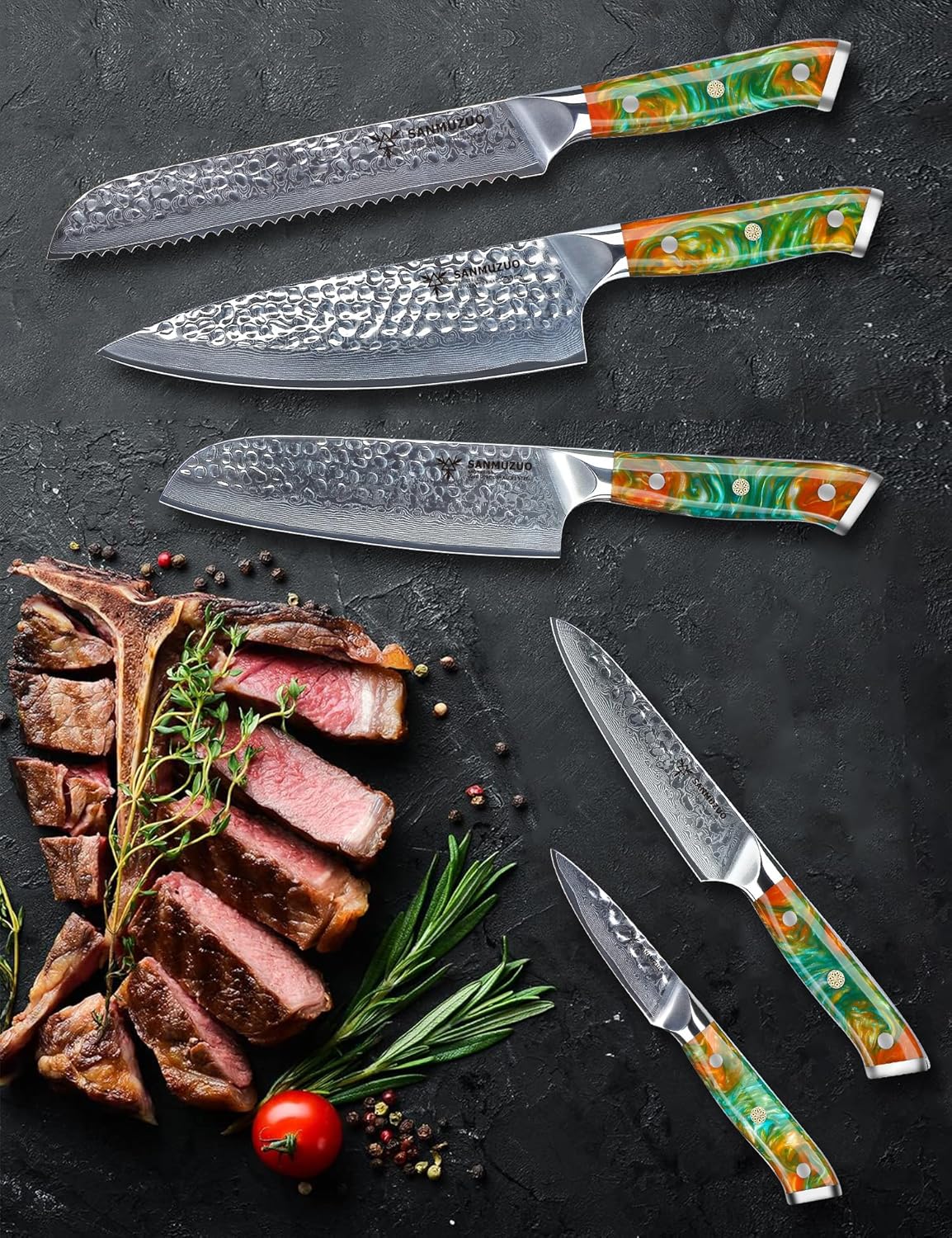 7“ Nakiri Knife - Hammered Damascus Steel & Resin Handle - YAO Series