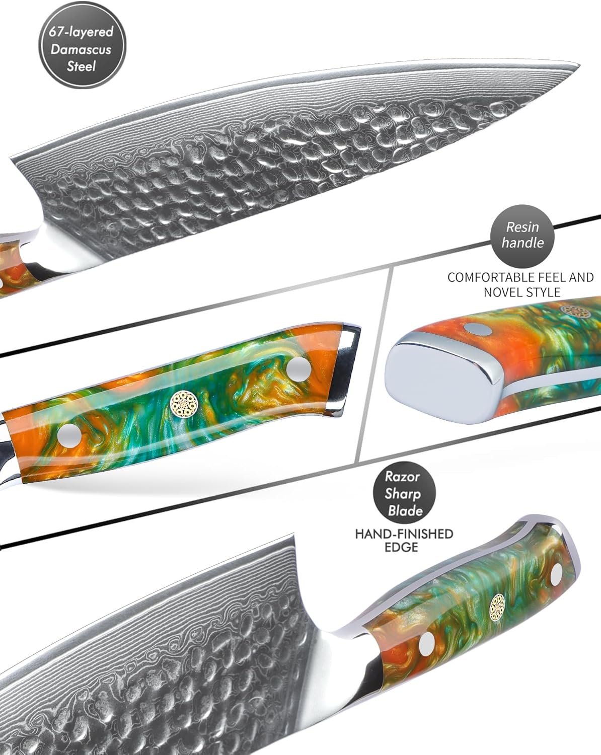 7“ Nakiri Knife - Hammered Damascus Steel & Resin Handle - YAO Series