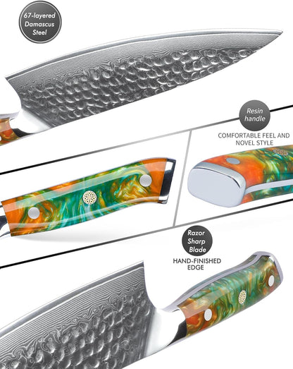 7“ Nakiri Knife - Hammered Damascus Steel & Resin Handle - YAO Series