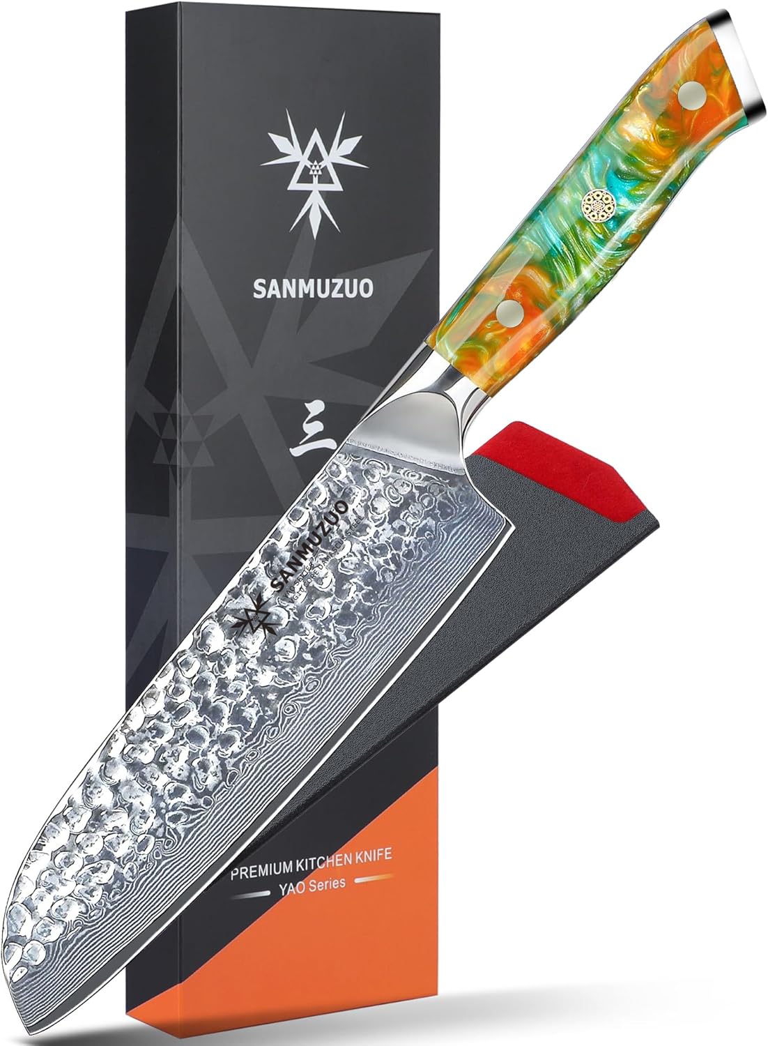 7“ Nakiri Knife - Hammered Damascus Steel & Resin Handle - YAO Series