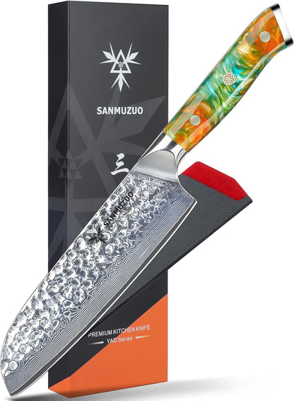 7“ Nakiri Knife - Hammered Damascus Steel & Resin Handle - YAO Series