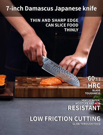 7“ Nakiri Knife - Hammered Damascus Steel & Resin Handle - YAO Series