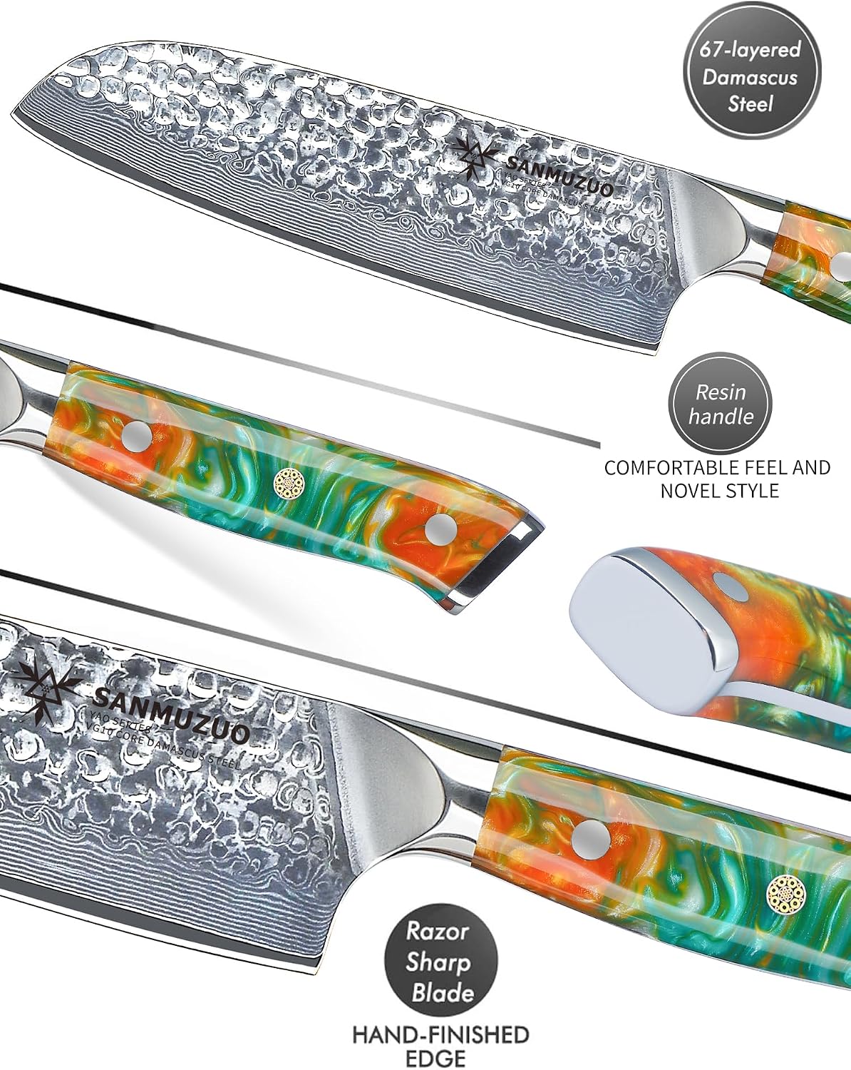 7“ Nakiri Knife - Hammered Damascus Steel & Resin Handle - YAO Series