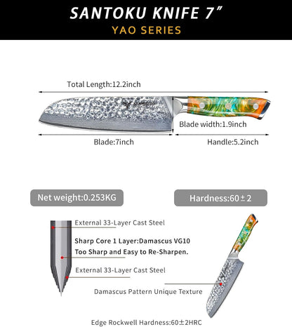 7“ Nakiri Knife - Hammered Damascus Steel & Resin Handle - YAO Series