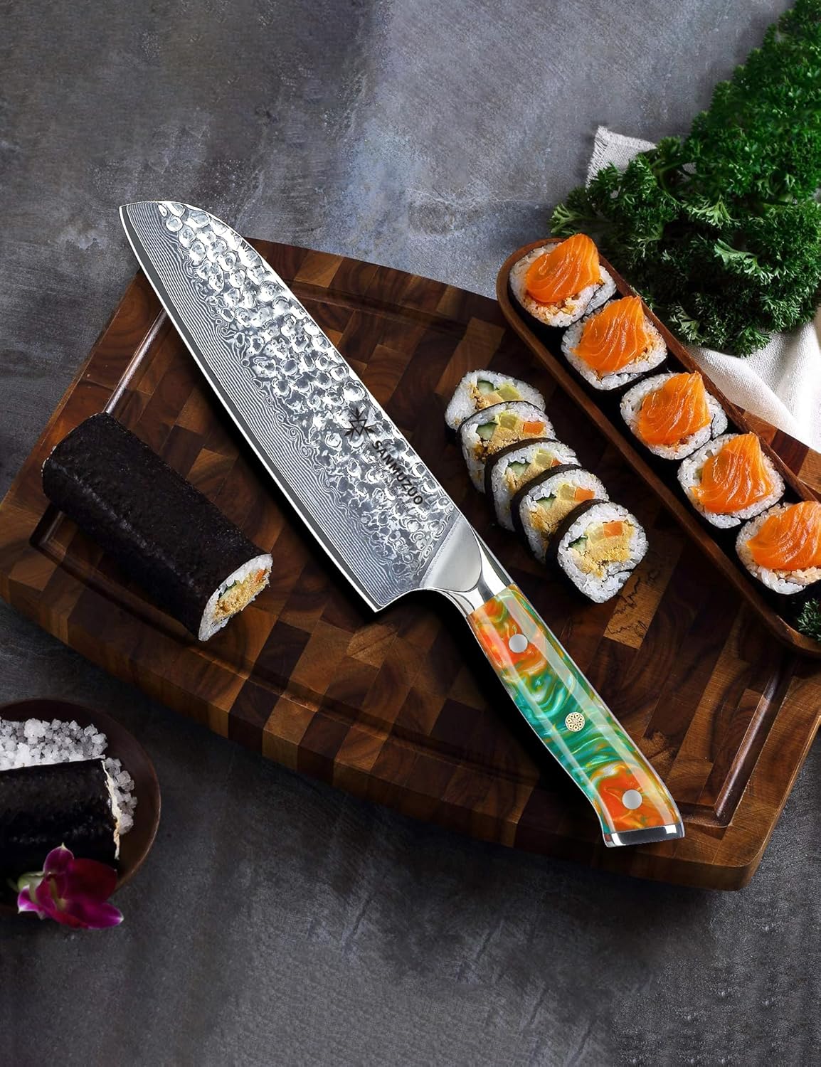 7“ Nakiri Knife - Hammered Damascus Steel & Resin Handle - YAO Series