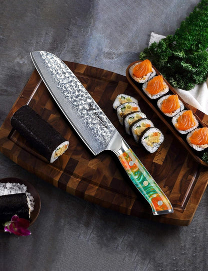 7“ Nakiri Knife - Hammered Damascus Steel & Resin Handle - YAO Series