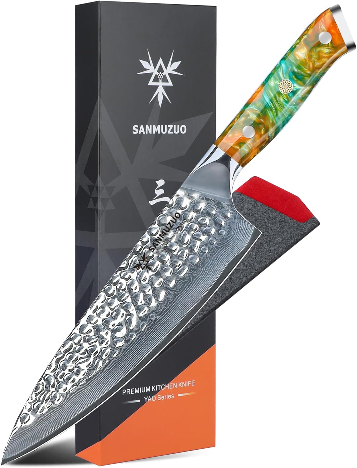 7“ Nakiri Knife - Hammered Damascus Steel & Resin Handle - YAO Series