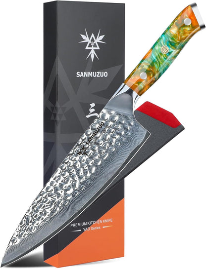 7“ Nakiri Knife - Hammered Damascus Steel & Resin Handle - YAO Series