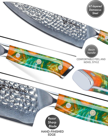 7“ Nakiri Knife - Hammered Damascus Steel & Resin Handle - YAO Series