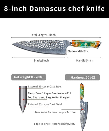 7“ Nakiri Knife - Hammered Damascus Steel & Resin Handle - YAO Series