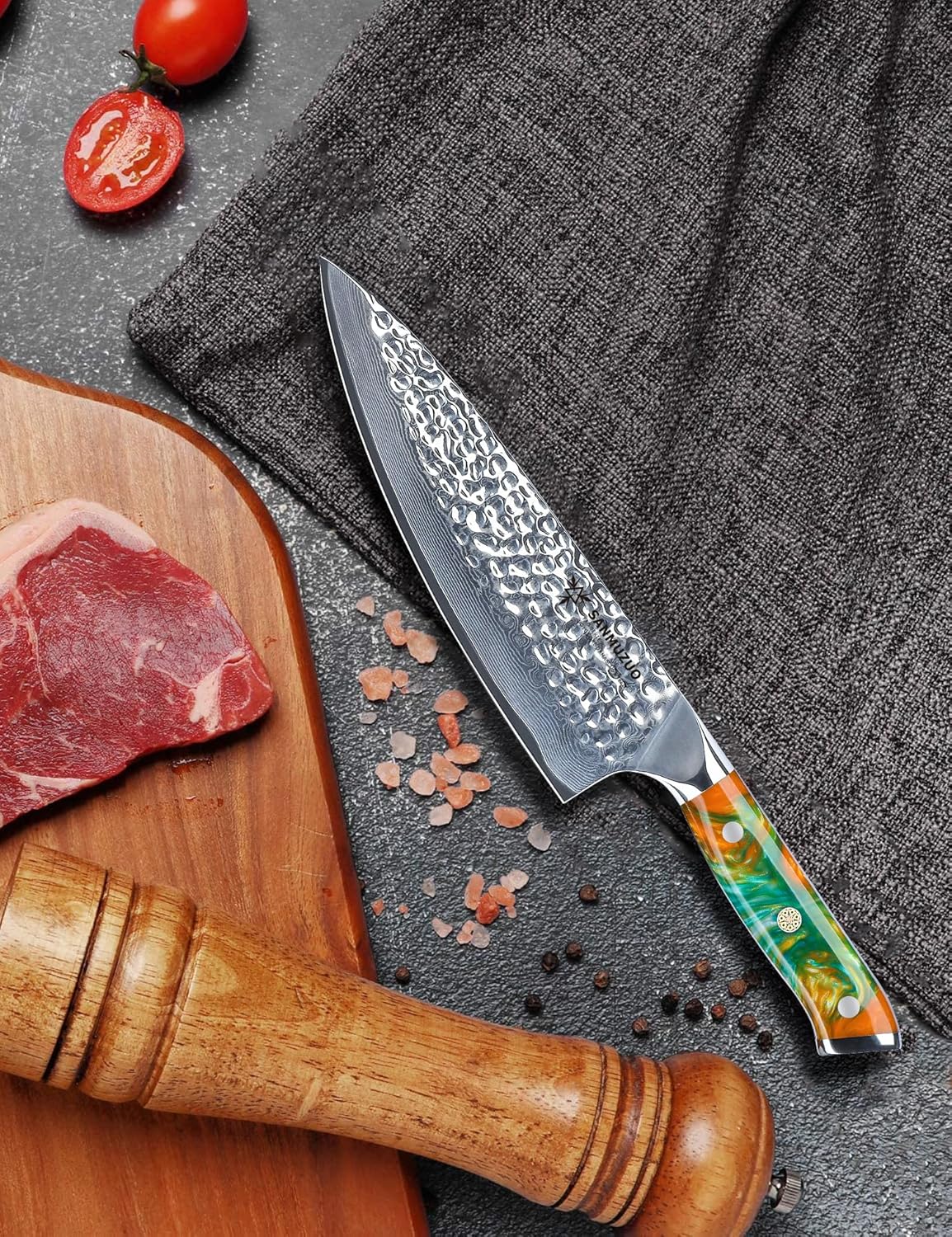 7“ Nakiri Knife - Hammered Damascus Steel & Resin Handle - YAO Series