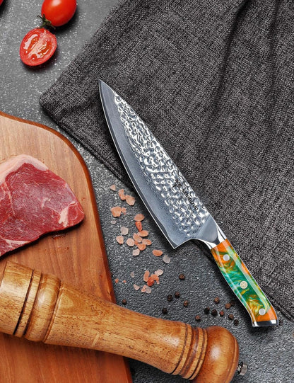 7“ Nakiri Knife - Hammered Damascus Steel & Resin Handle - YAO Series