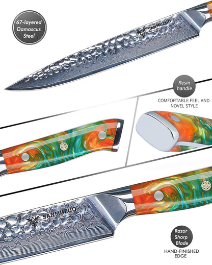 7“ Nakiri Knife - Hammered Damascus Steel & Resin Handle - YAO Series