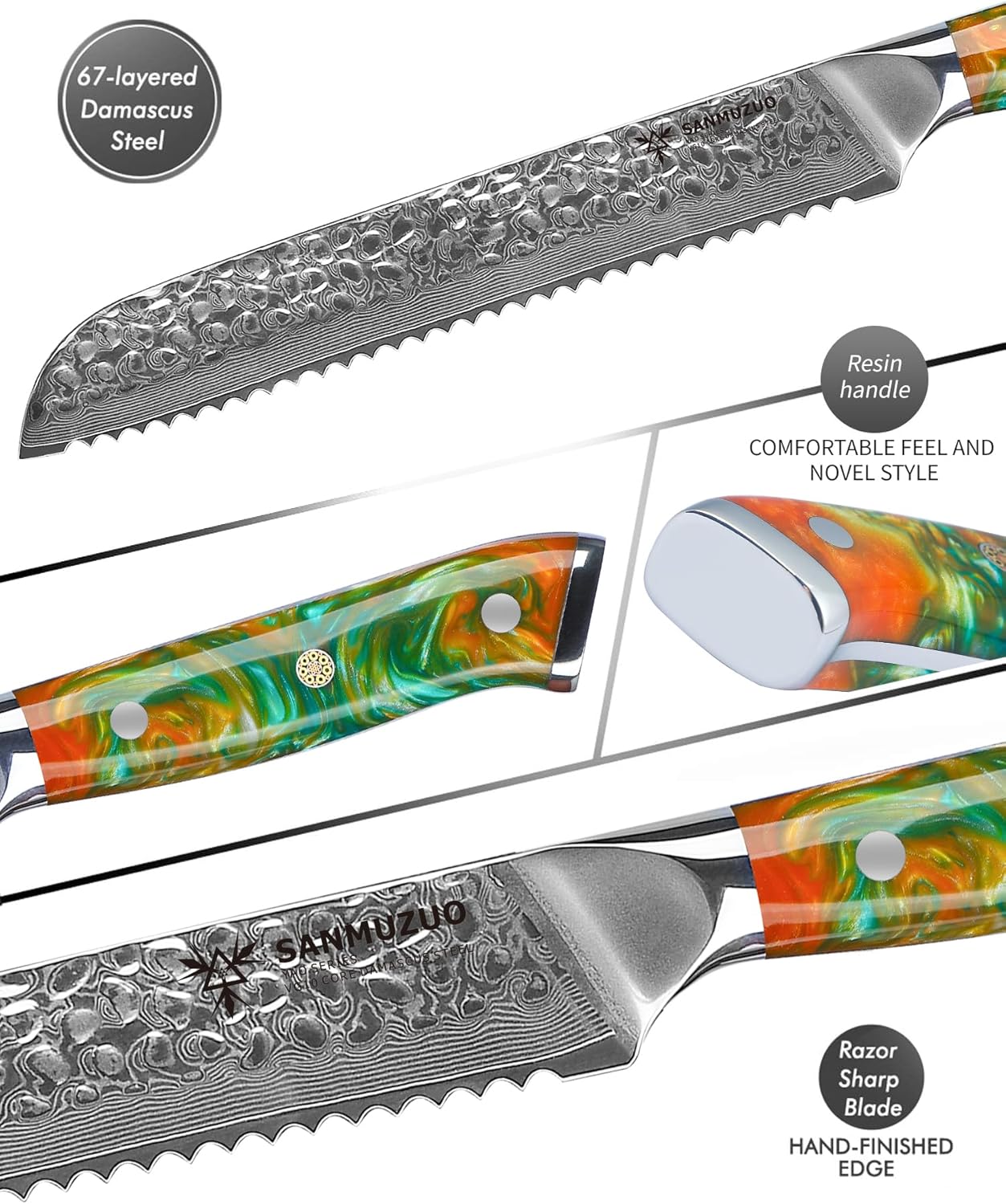 7“ Nakiri Knife - Hammered Damascus Steel & Resin Handle - YAO Series