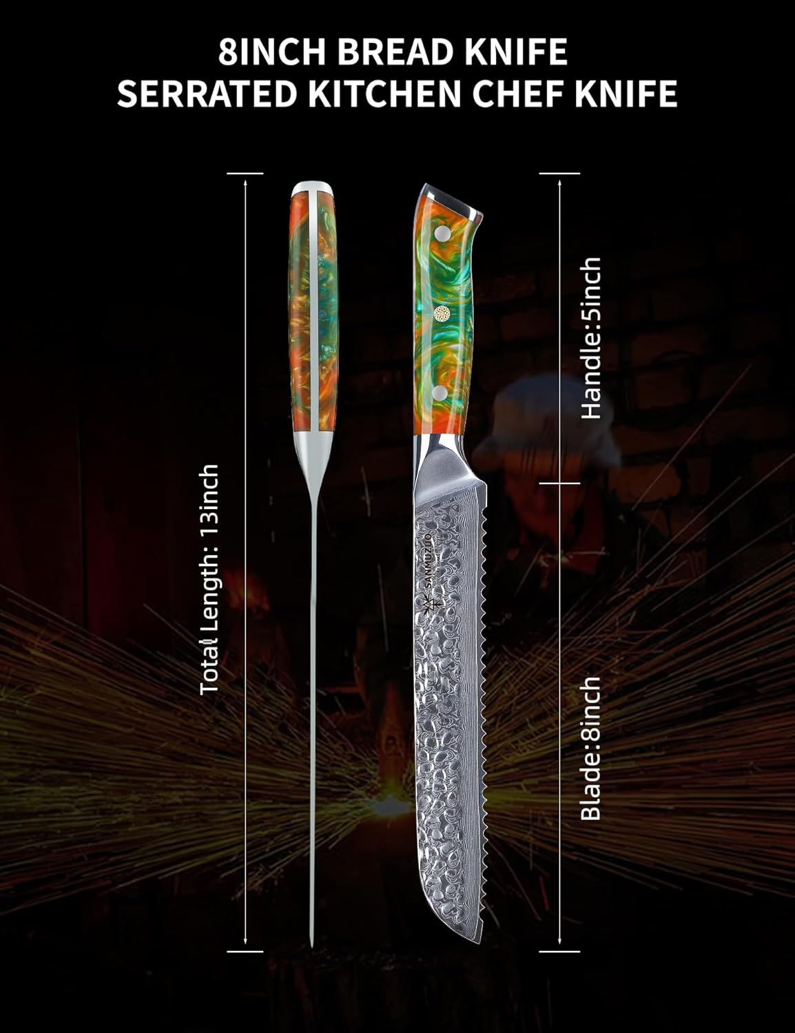 7“ Nakiri Knife - Hammered Damascus Steel & Resin Handle - YAO Series