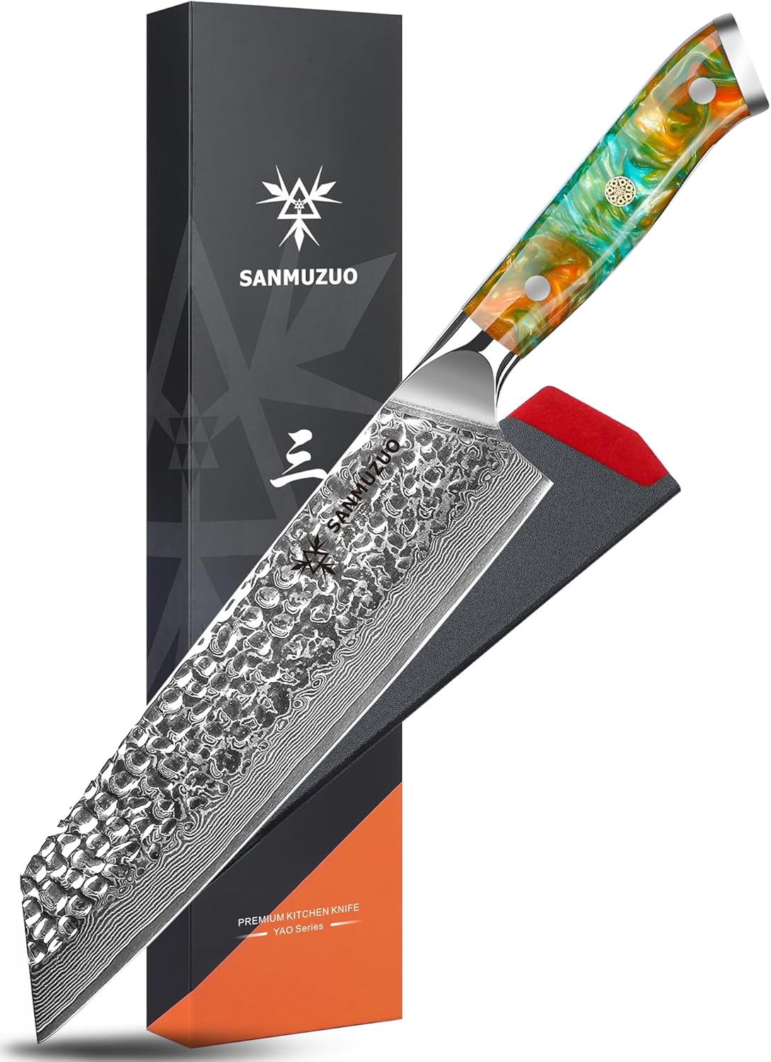 7“ Nakiri Knife - Hammered Damascus Steel & Resin Handle - YAO Series