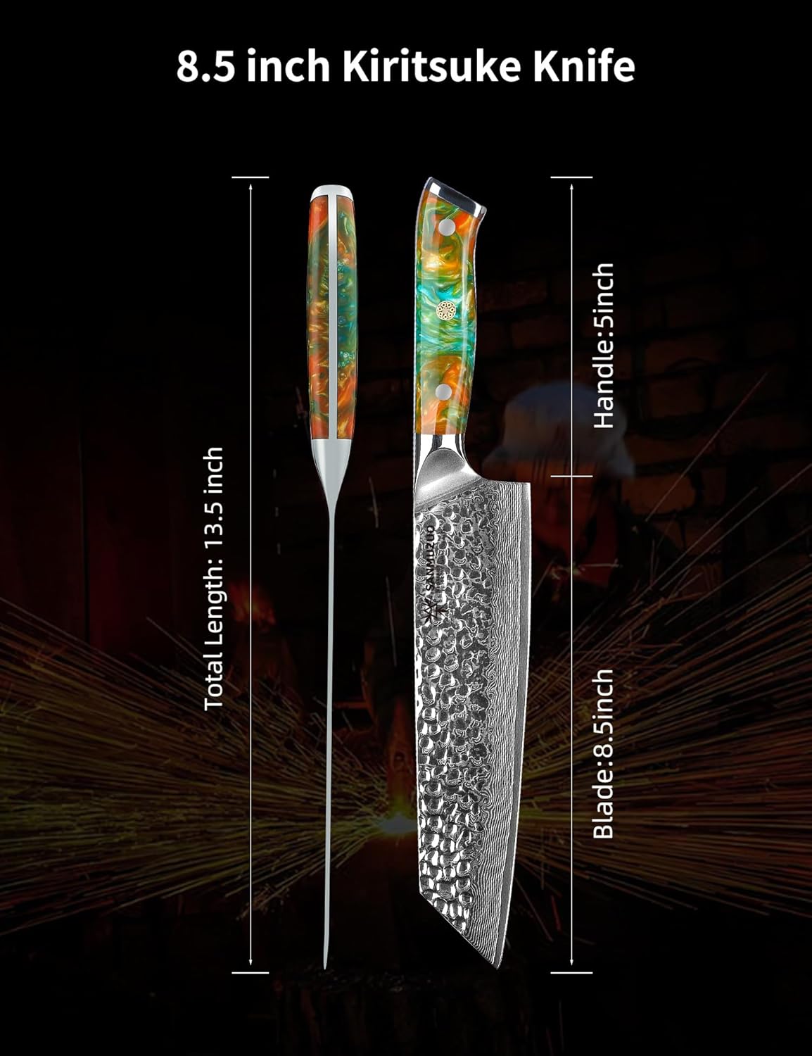 7“ Nakiri Knife - Hammered Damascus Steel & Resin Handle - YAO Series