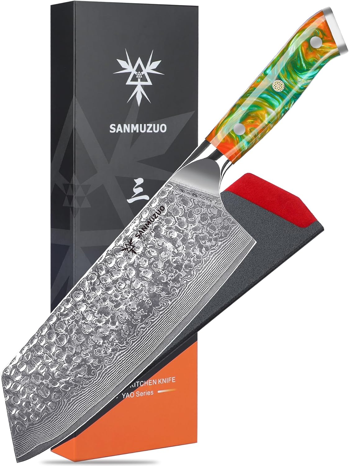 7“ Nakiri Knife - Hammered Damascus Steel & Resin Handle - YAO Series