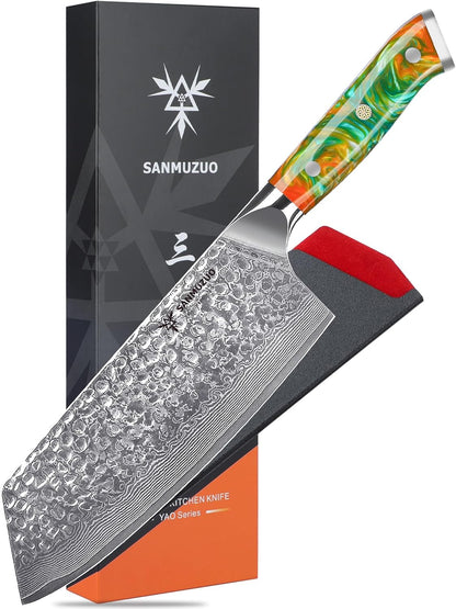 7“ Nakiri Knife - Hammered Damascus Steel & Resin Handle - YAO Series