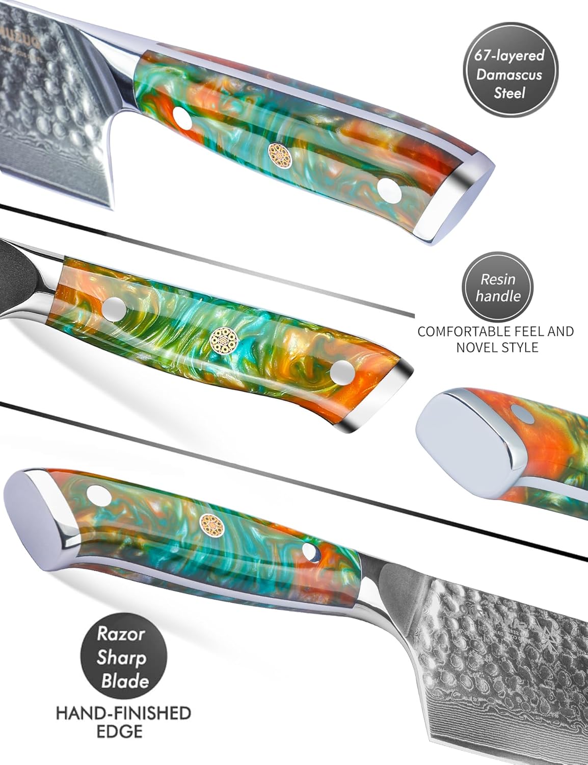 7“ Nakiri Knife - Hammered Damascus Steel & Resin Handle - YAO Series