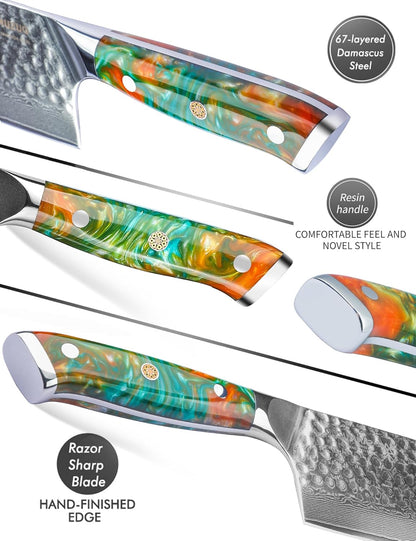 7“ Nakiri Knife - Hammered Damascus Steel & Resin Handle - YAO Series