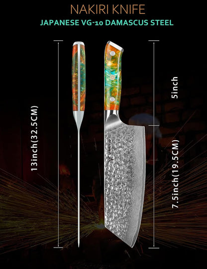 7“ Nakiri Knife - Hammered Damascus Steel & Resin Handle - YAO Series