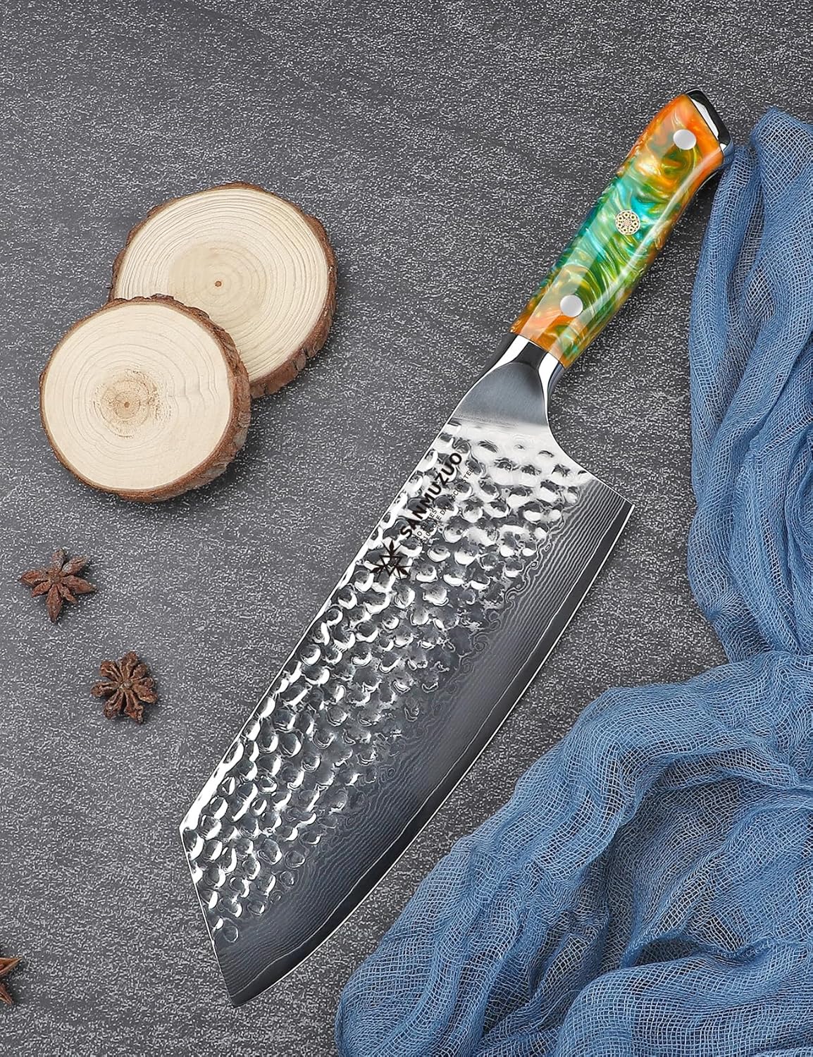 7“ Nakiri Knife - Hammered Damascus Steel & Resin Handle - YAO Series