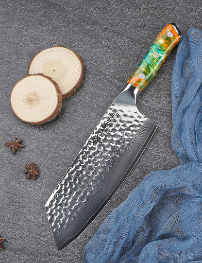 7“ Nakiri Knife - Hammered Damascus Steel & Resin Handle - YAO Series