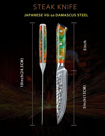 7“ Nakiri Knife - Hammered Damascus Steel & Resin Handle - YAO Series
